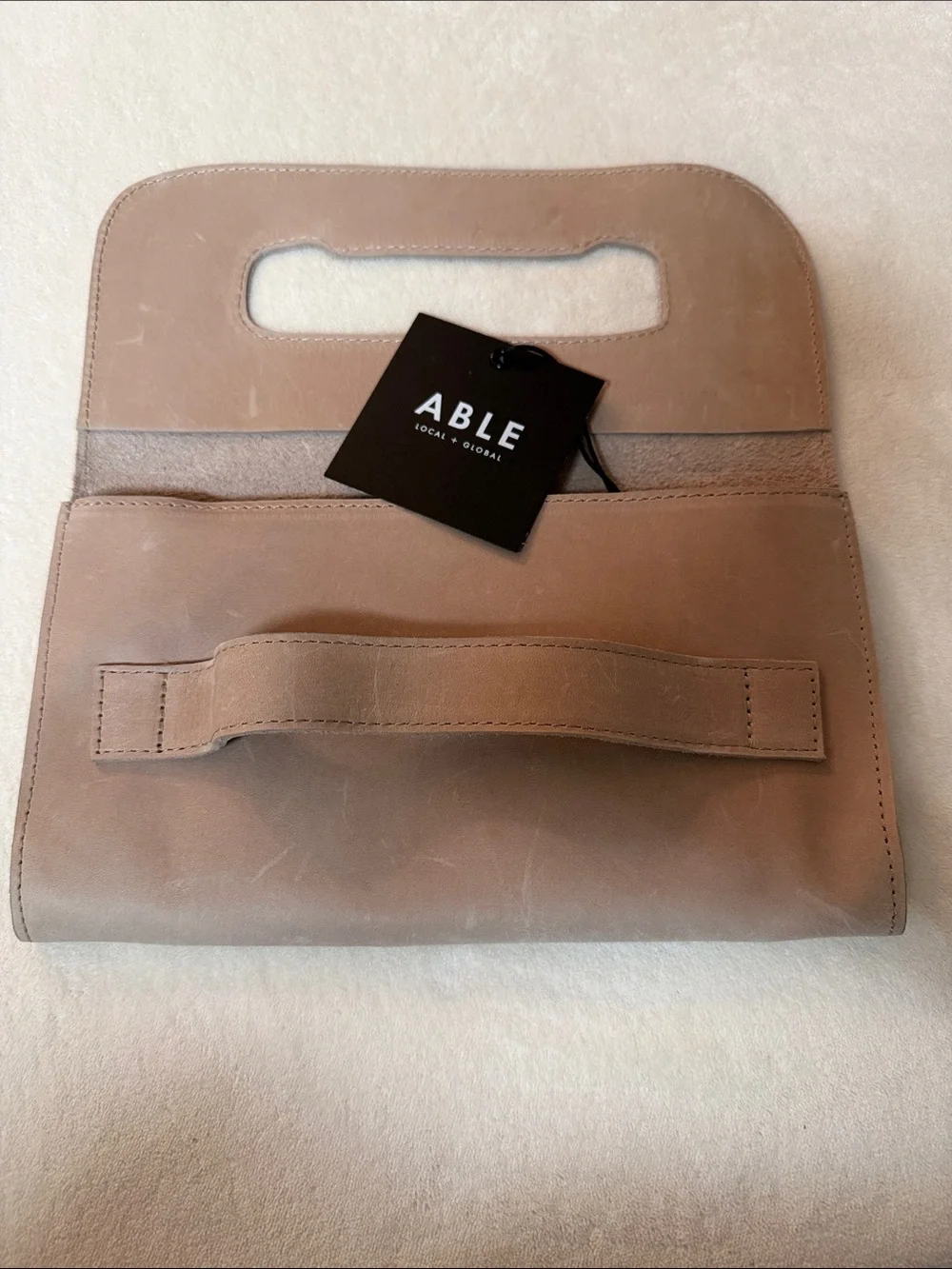 Able Taupe Leather Clutch with Top Handle